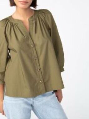 Sanctuary Poplin Button Front Blouse Olive Oil Size Small
